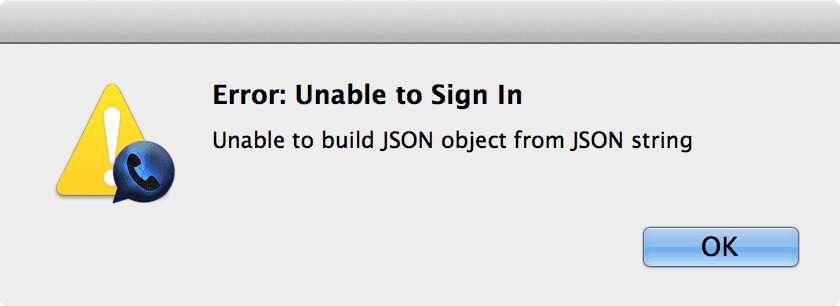 Error: Unable to Sign In; Unable to build JSON object from JSON string